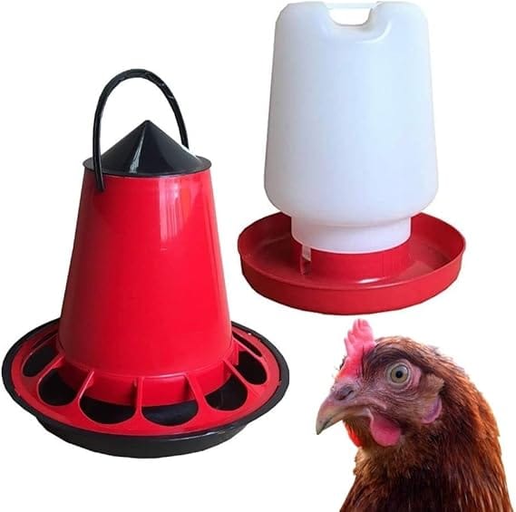Pack Bebedero 6 L + Comedero 5 kg de Plástico Apto para Colgar o Apoyar a Ras de Suelo y Alimentar Aves de Corral, Gallinas y Pájaros en Jaulas y Gallineros