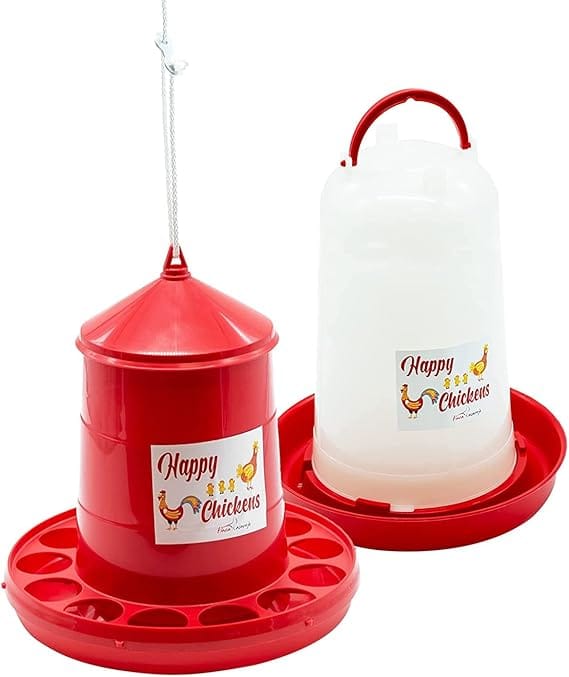 ack Comedero 4 Kg y Bebedero 5 L para Gallinas y Otras Aves de Corral - Plástico resistente - Incluye Cuerda Cuelga-Tolvas - Incluye Guía Práctica de Alimentación de las Gallinas