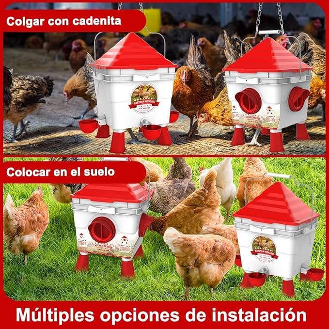 INNOLAND Set de Bebedero y Comedero para Gallinas 6Kg/8.5L | Comedero Gallinas Anti-desperdicio, Bebedero Gallinas Automático 4 Aperturas/4 Tazas, Pies Ajustables, Cadenas de Acero para Aves de Corral