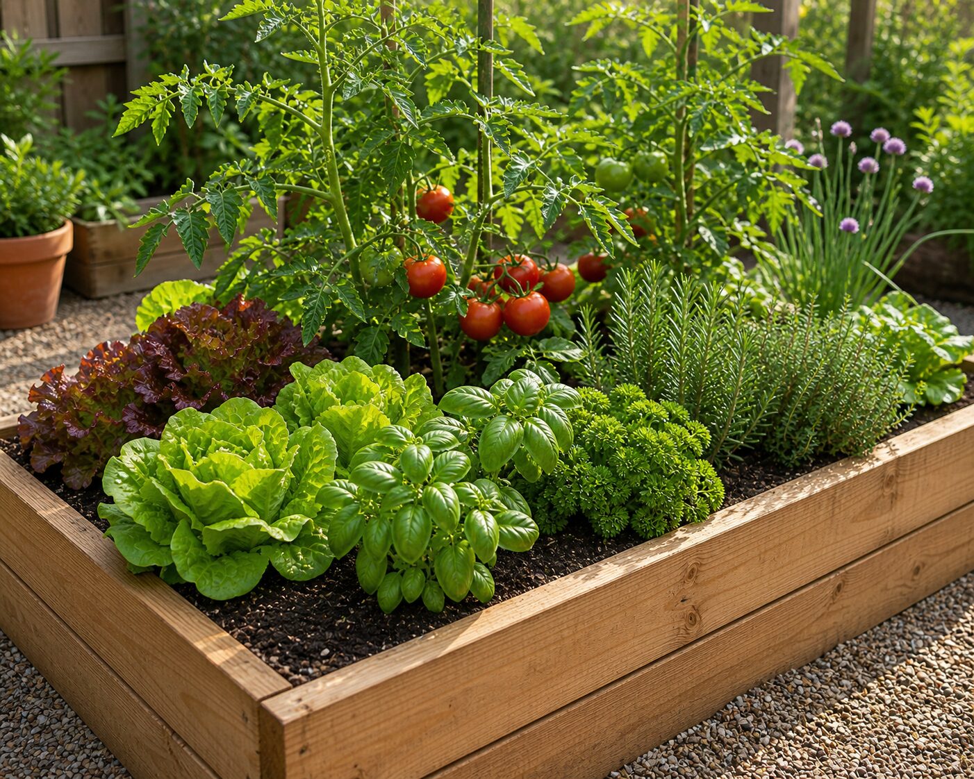 Imagen referencial · Bancal de madera con lechugas, tomates y aromáticas cyeat an images